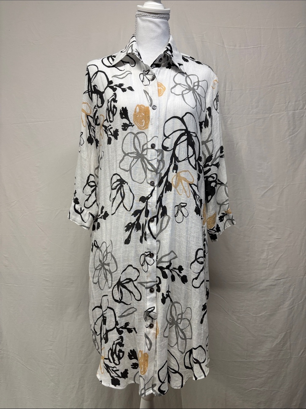 White Black Apricot Floral Button-Front Shirt Dress